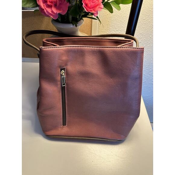 SAMOE STYLE ADJUSTABLE STRAP BUCKET PURSE Pink Leather Boho - Picture 1 of 16